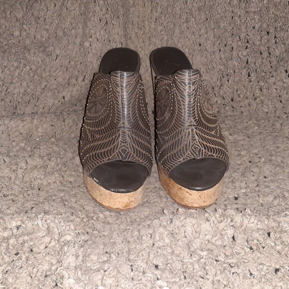 LOLA CRUZ-Cork Platform-Brown Leather/Mini Studded Clogs-Boho-Sz 39-Near Mint - Picture 3 of 9